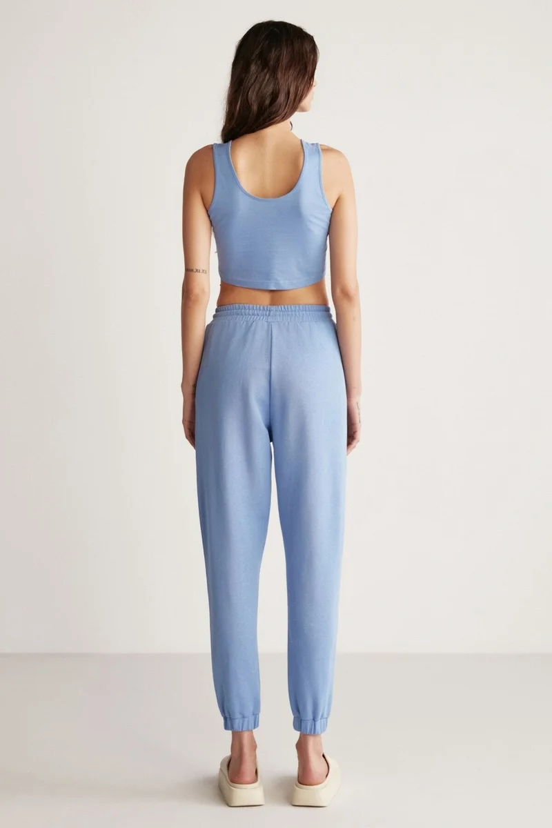 GRIMELANGE Carroline Women's Casual Cut Embroidered Elastic Waist and Leg Blue Sweatpants