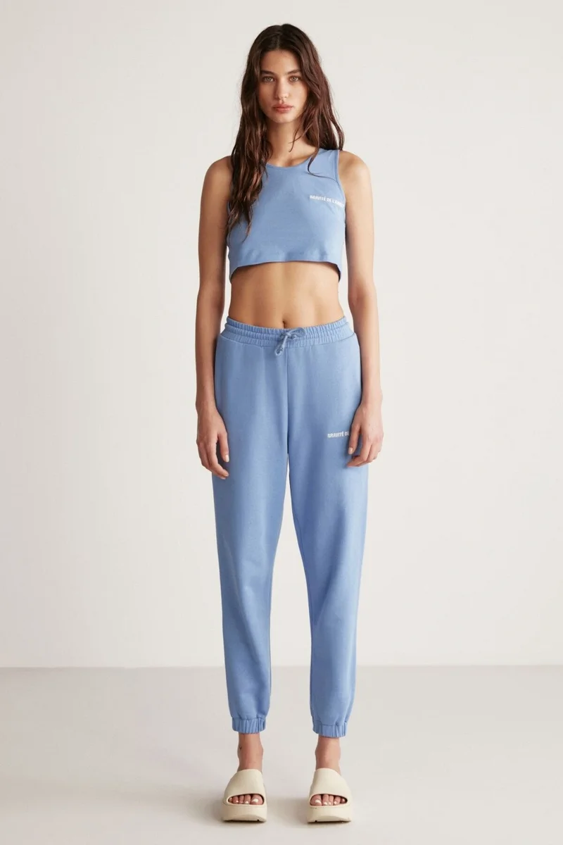 GRIMELANGE Carroline Women's Casual Cut Embroidered Elastic Waist and Leg Blue Sweatpants