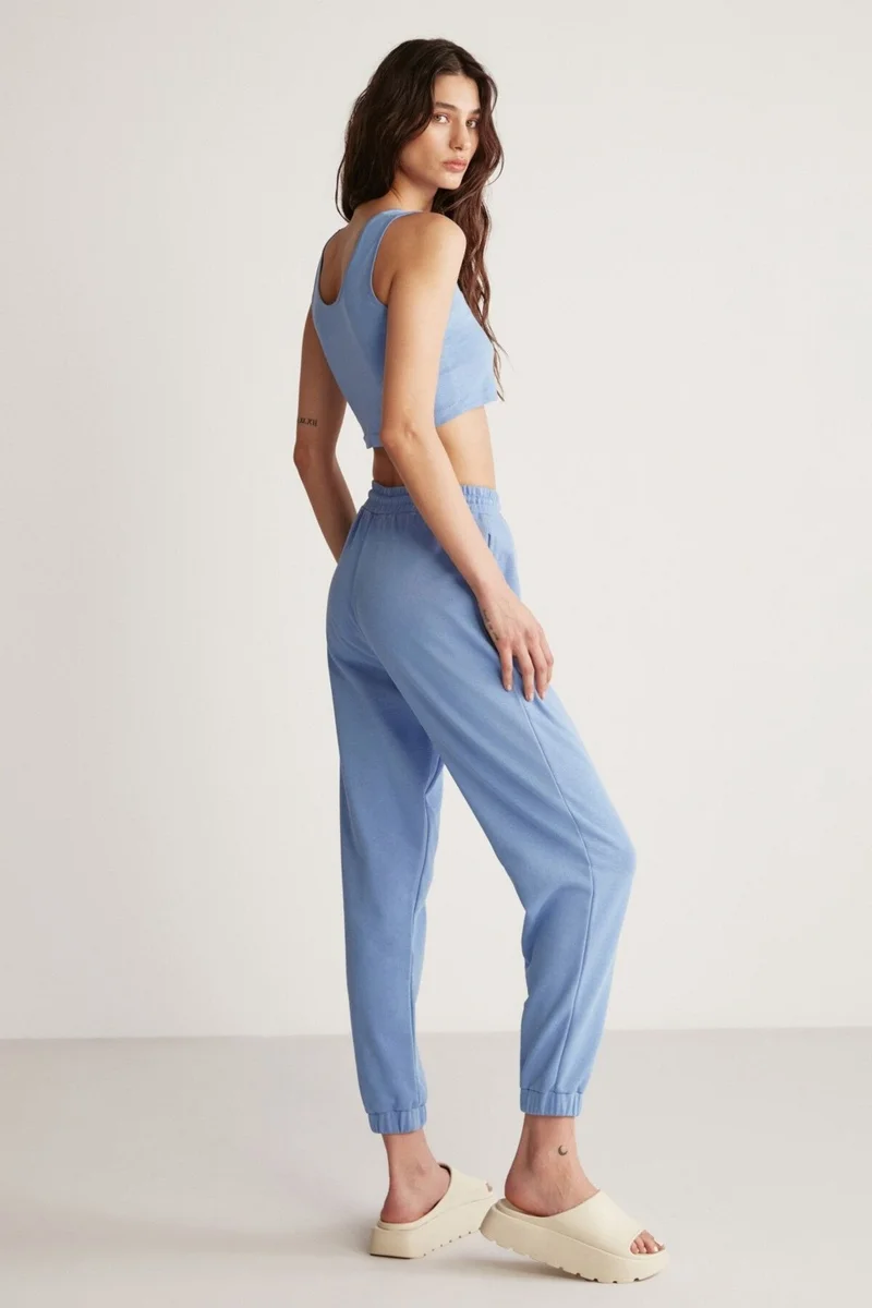 GRIMELANGE Carroline Women's Casual Cut Embroidered Elastic Waist and Leg Blue Sweatpants