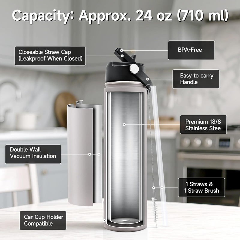 OZERO 24 Oz Insulated Stainless Steel Water Bottle with Lid and Straw - Double Wall Tumbler for Hot & Cold Drinks, Fits in Car Cup Holder, Leak-Proof Water Bottle for Sports, Gym and School - Image 2
