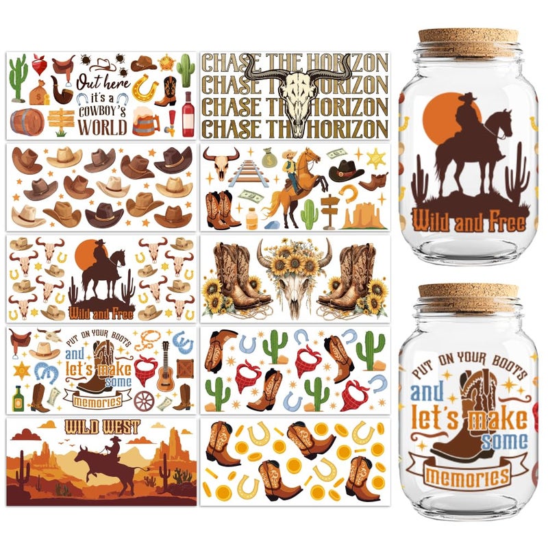 Peacoblue UV DTF Cup Wraps Transfer Stickers Western Cowboys Pattern, 10 Sheets Waterproof Custom Vinyl Transfer Sticker 16oz Coffee Glass Cup Tumbler Bottle Mug Decals for Men Women - Image 1