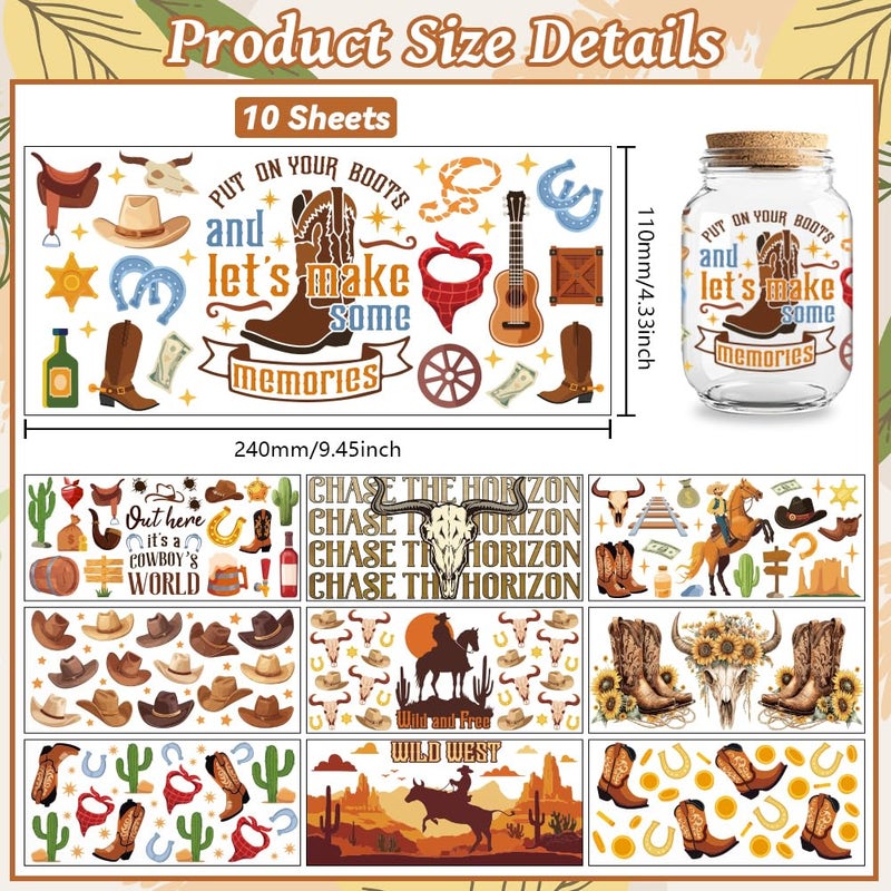 Peacoblue UV DTF Cup Wraps Transfer Stickers Western Cowboys Pattern, 10 Sheets Waterproof Custom Vinyl Transfer Sticker 16oz Coffee Glass Cup Tumbler Bottle Mug Decals for Men Women - Image 2