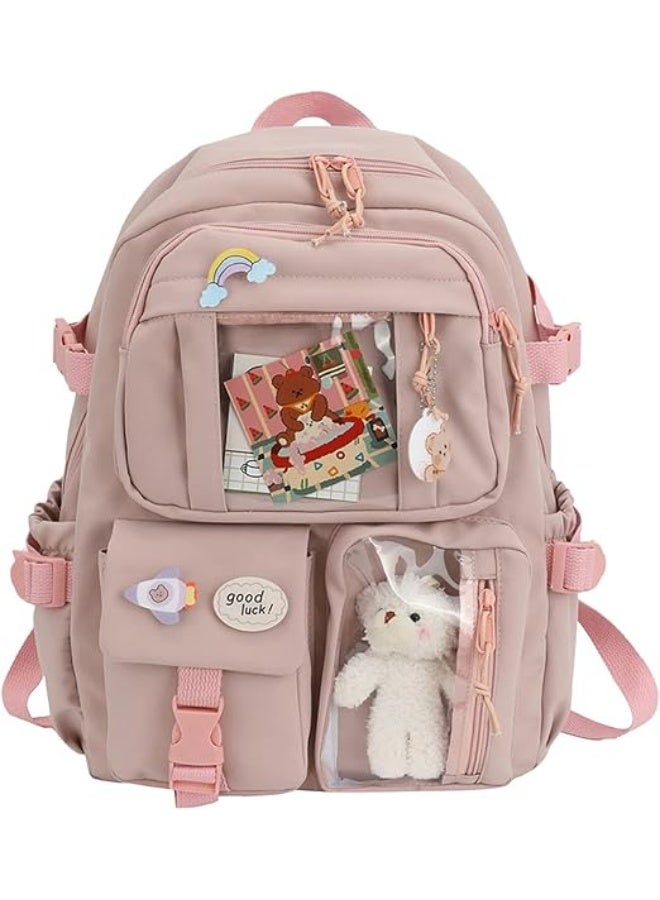 Kids School Backpack with Multiple Pockets and Accessories | Clear Window Pockets, Plush Bear Included, 30 x 40 x 11 cm, Decorative Pins, Girls School Bag - Image 4