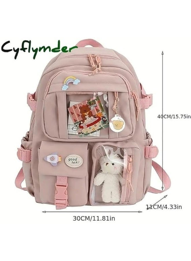 Kids School Backpack with Multiple Pockets and Accessories | Clear Window Pockets, Plush Bear Included, 30 x 40 x 11 cm, Decorative Pins, Girls School Bag - Image 3