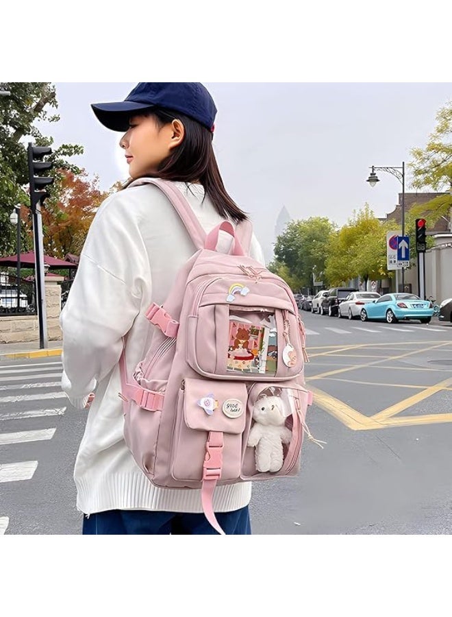 Kids School Backpack with Multiple Pockets and Accessories | Clear Window Pockets, Plush Bear Included, 30 x 40 x 11 cm, Decorative Pins, Girls School Bag - Image 2