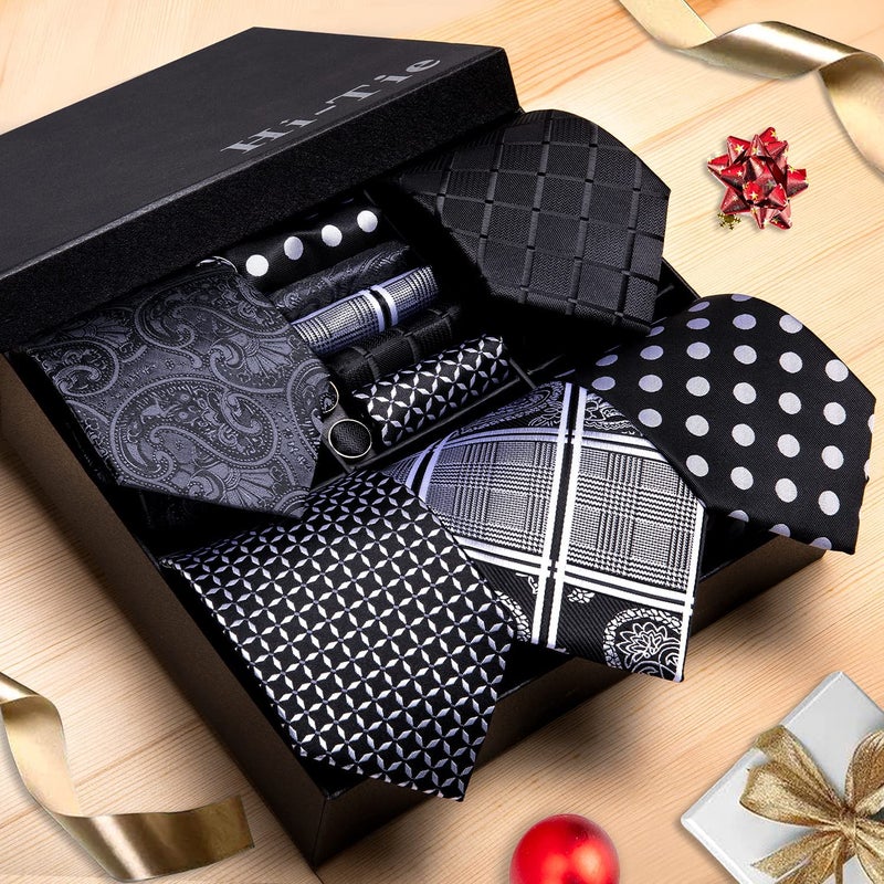 Hi-Tie Lot 5 Pcs Gift Box Mens Tie Set Necktie with Pocket Square Cufflinks Silk Neck Tie Collection,Blacks Multicolor - Image 2