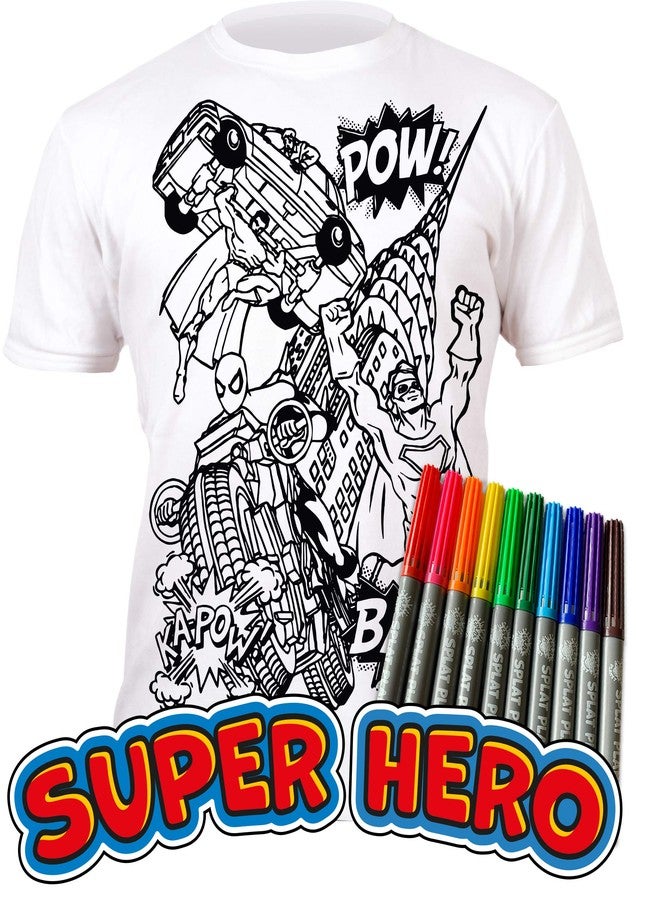 Splat Planet Color in Superhero T-Shirt with 10 Non-Toxic Washable Magic Markers - Color in and Wash Out T-Shirt (9-11 Years) White - Image 2