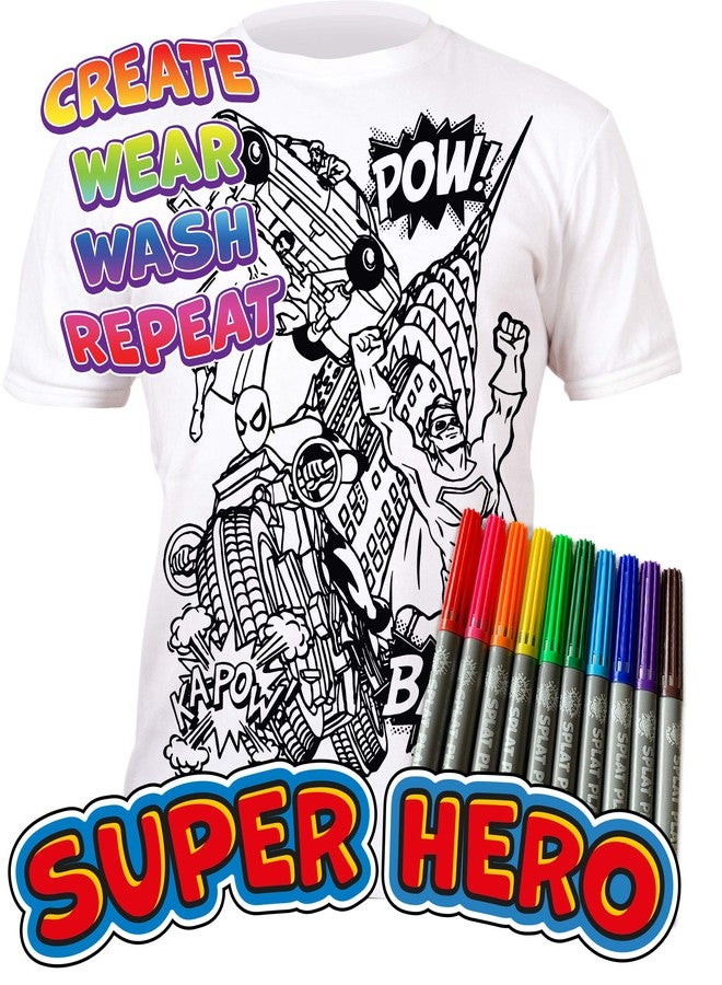 Splat Planet Color in Superhero T-Shirt with 10 Non-Toxic Washable Magic Markers - Color in and Wash Out T-Shirt (9-11 Years) White - Image 3