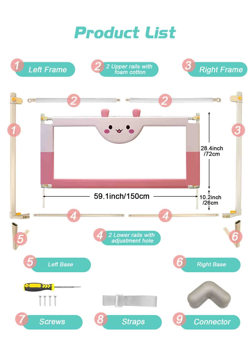 URbazaar Bed Rail Guard Barrier for Baby, Extra Long Bed Guardrail, Adjustable Height & Foldable Safeguard Bed Rails Single Side Bed - Image 2