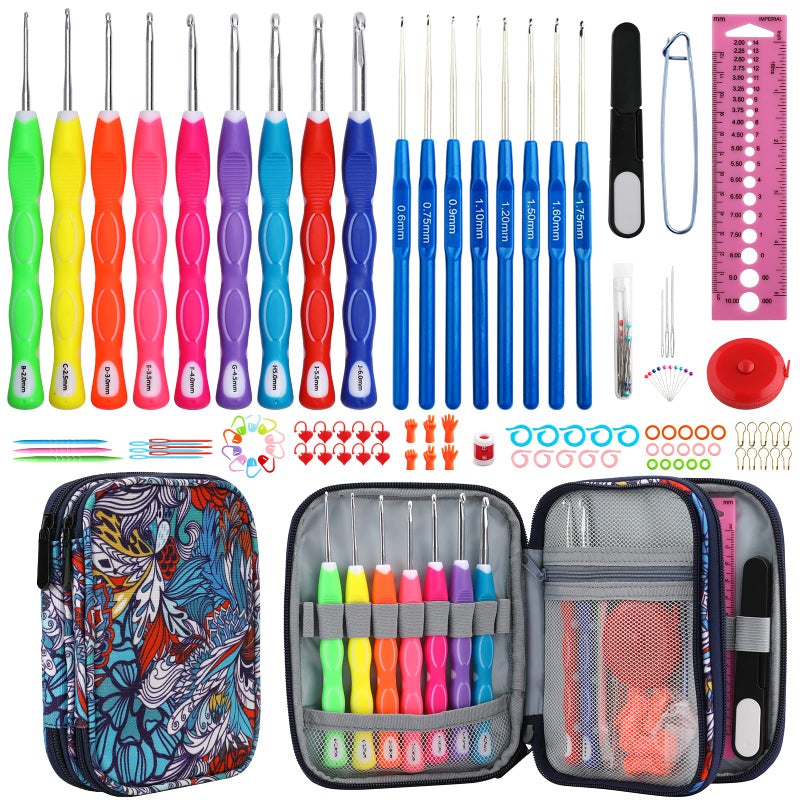 Looen Crochet Hooks Set-Yarn Needles Coloured Aluminum with Storage Case Rubbery Handle Ergonomic Comfort Grip DIY Craft Handmake Kit 47pcs - Image 1