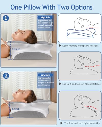 Tujami Cervical Neck Pillow for Pain Relief Sleeping, Cooling Ergonomic Contour Side Sleeper Pillow for Neck Support, Odorless Soft Memory Foam Orthopedic Bed Rest Pillow for Back Stomach Sleeper, Grey - Image 4