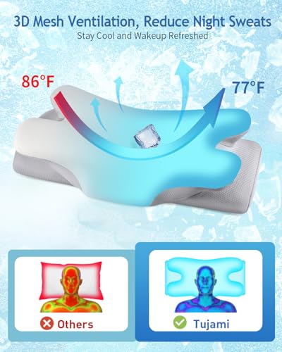 Tujami Cervical Neck Pillow for Pain Relief Sleeping, Cooling Ergonomic Contour Side Sleeper Pillow for Neck Support, Odorless Soft Memory Foam Orthopedic Bed Rest Pillow for Back Stomach Sleeper, Grey - Image 3
