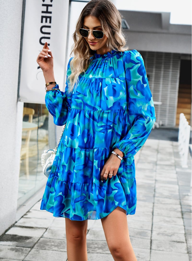 Loquat Squality Dress Autumn And Winter Dress Temperament Elegant Long Sleeve Short Skirt Blue  - Image 1