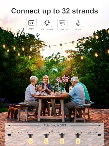Svater Outdoor String Lights 50 FT, Patio Light for Outside with Shatterproof LED Bulbs, IP65 Waterproof Connectable Hanging Lights for Backyard, Bistro, Cafe, Balcony, Party, Black - Image 3