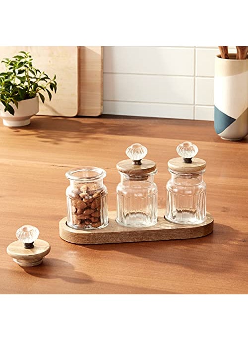 mud pie Mud Pie Knob Glass Condiment Set  canister 3 3/4"" x 2 3/4"" dia | caddy 3 3/4"" x 10 1/4""  Brown  - Image 5