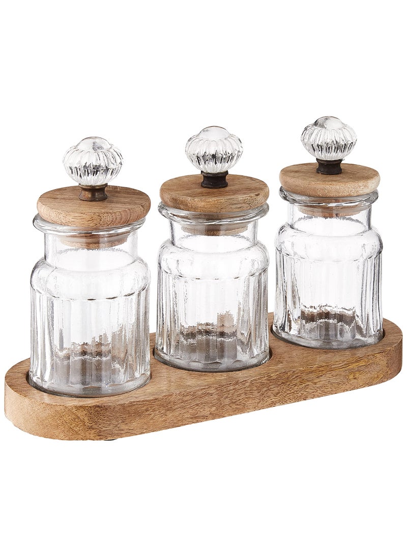 mud pie Mud Pie Knob Glass Condiment Set  canister 3 3/4"" x 2 3/4"" dia | caddy 3 3/4"" x 10 1/4""  Brown  - Image 1