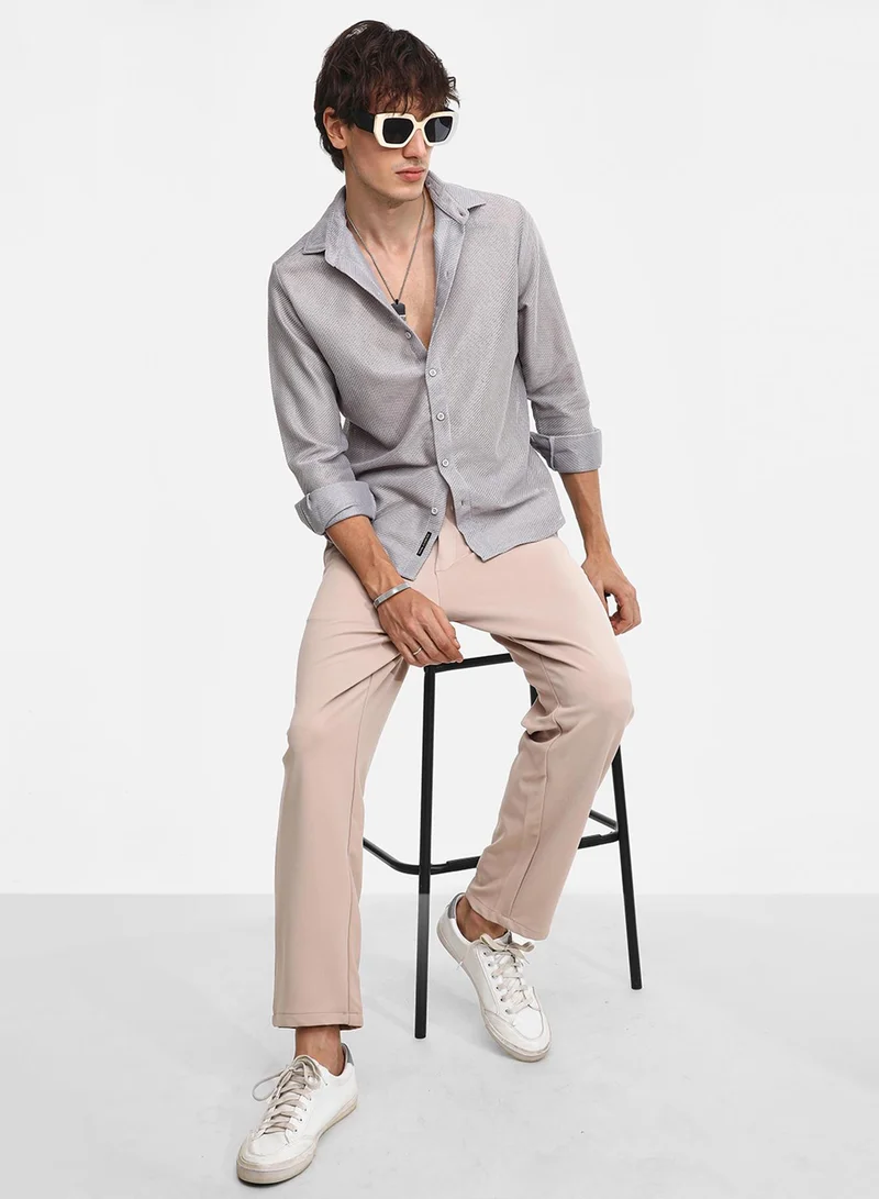 Campus Sutra Men's Cloud Grey Mesh-Textured Shirt
