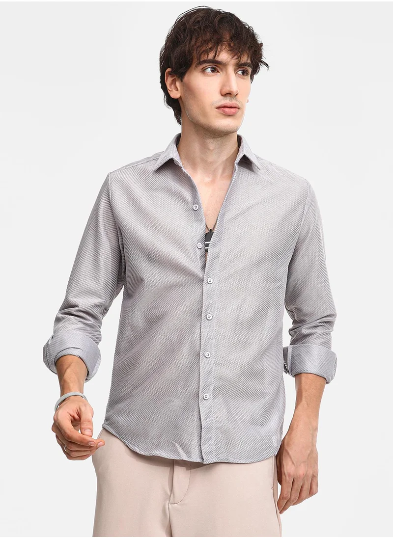 Campus Sutra Men's Cloud Grey Mesh-Textured Shirt
