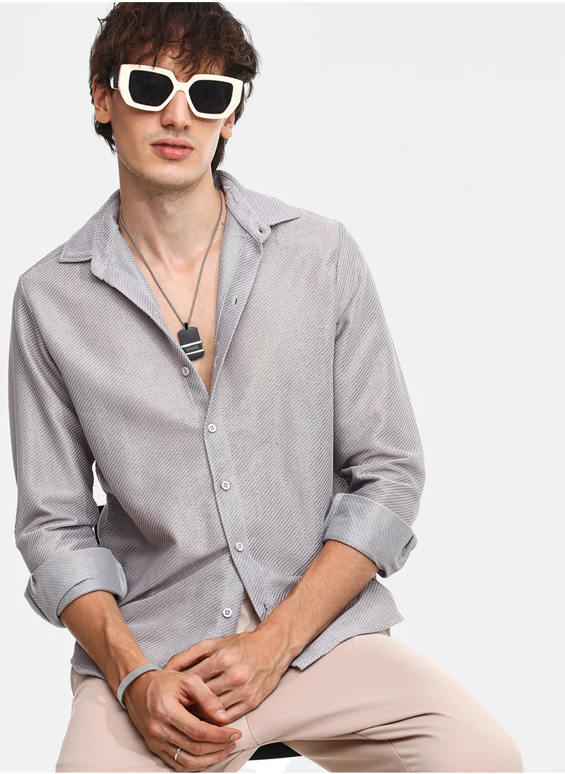Campus Sutra Men's Cloud Grey Mesh-Textured Shirt