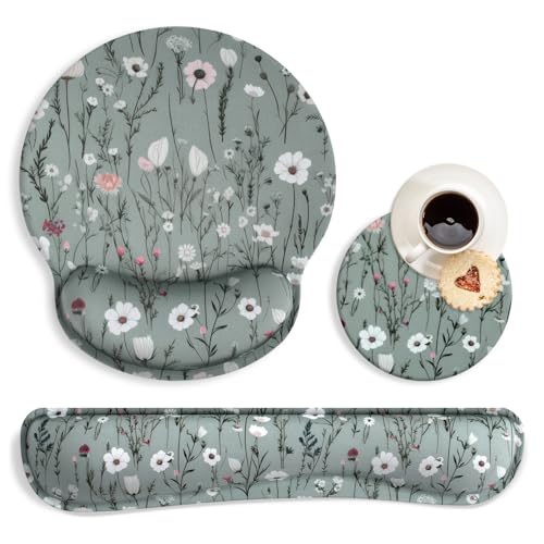MOLNESO Green Floral Mouse Pad with Wrist Rest and Keyboard Wrist Set Wildflower Ergonomic Memory Foam Mouse Pad Set for Women Office Typing Gaming - Image 1
