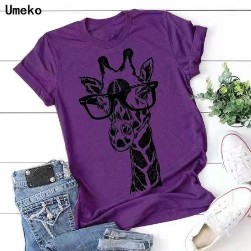 New Summer Giraffe Print T-Shirt Women Cartoon Casual T-Shirt Ladies Short Sleeve Top T-Shirt Women's Clothes green XL - Image 4