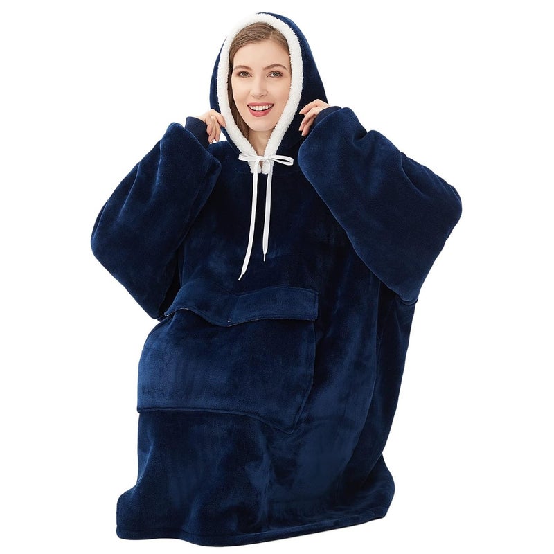 Qeils Qeils Oversized Wearable Blanket Hoodie  Comfy Sherpa Sweatshirt Pullover Jacket (Large Pocket  Navy  Adult)  - Image 4