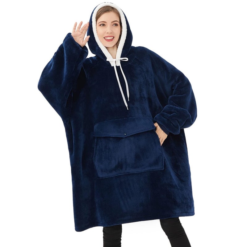 Qeils Qeils Oversized Wearable Blanket Hoodie  Comfy Sherpa Sweatshirt Pullover Jacket (Large Pocket  Navy  Adult)  - Image 1