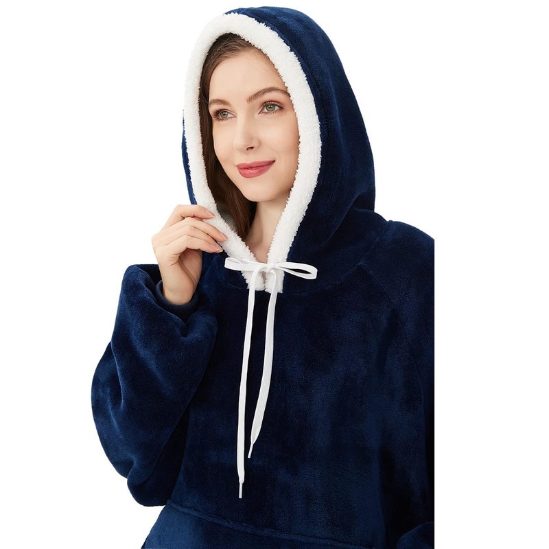 Qeils Qeils Oversized Wearable Blanket Hoodie  Comfy Sherpa Sweatshirt Pullover Jacket (Large Pocket  Navy  Adult)  - Image 2