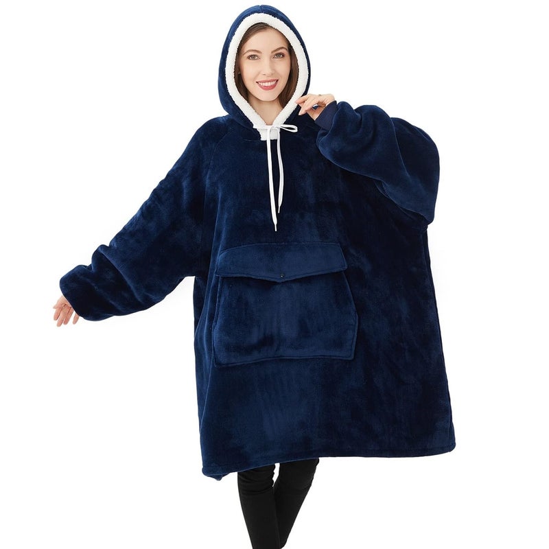 Qeils Qeils Oversized Wearable Blanket Hoodie  Comfy Sherpa Sweatshirt Pullover Jacket (Large Pocket  Navy  Adult)  - Image 3