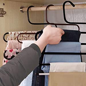Everbuy Cloth Hanger/Trouser Hanger/Pant Hanger Stainless Steel,Multi-Cloth Hanger,Light Weight with 5 Layer, Cupboard Organizer, Space Saving Designer Hanger. Black -3 Pcs - Image 1