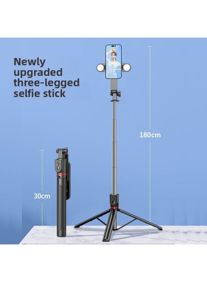 Loquat Extendable Selfie Stick 1.8 Meters Stand Mobile Phone Universal Bracket Stainless Steel Tripod Stand For Mobile Photography-Color:R58 Bluetooth Selfie Stick-Stainless Steel-Black-Double Small Lights - Image 2