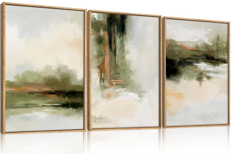 KAIRNE Green Abstract Neutral Framed Canvas Wall Art Set, Modern Watercolor Shapes Wall Decor, Minimalist Pastel Wall Painting, Brown, Gray Tan for Living Room, Bedroom, Office 24x36 Inch - Image 1
