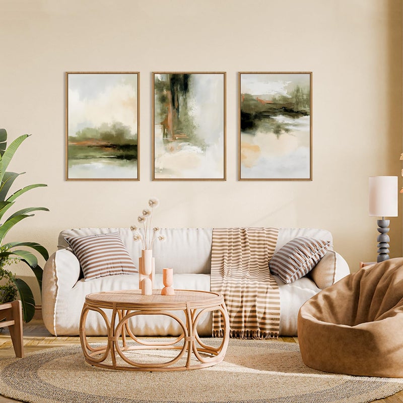 KAIRNE Green Abstract Neutral Framed Canvas Wall Art Set, Modern Watercolor Shapes Wall Decor, Minimalist Pastel Wall Painting, Brown, Gray Tan for Living Room, Bedroom, Office 24x36 Inch - Image 2