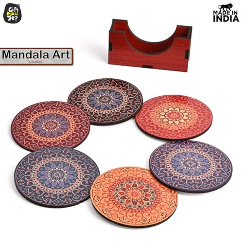 Gift Kya De GKD Coaster Set of 6 Beautiful Wooden Coasters with Proper Coaster Stand Designer Coaster Set fit for Tea Cups, Coffee Mugs and Glasses (6 pc Round 3.5 x 3.5 inch) Multi Color - Image 2