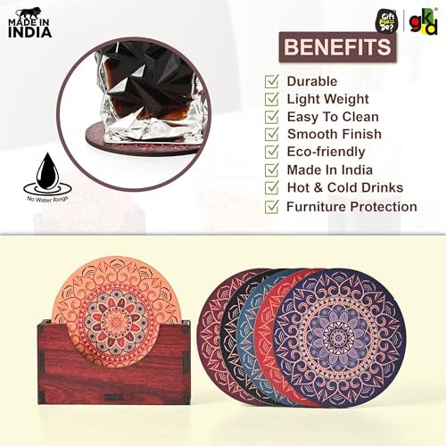Gift Kya De GKD Coaster Set of 6 Beautiful Wooden Coasters with Proper Coaster Stand Designer Coaster Set fit for Tea Cups, Coffee Mugs and Glasses (6 pc Round 3.5 x 3.5 inch) Multi Color - Image 5