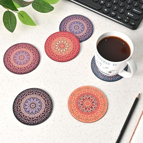 Gift Kya De GKD Coaster Set of 6 Beautiful Wooden Coasters with Proper Coaster Stand Designer Coaster Set fit for Tea Cups, Coffee Mugs and Glasses (6 pc Round 3.5 x 3.5 inch) Multi Color - Image 1