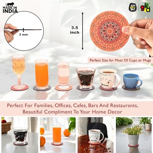 Gift Kya De GKD Coaster Set of 6 Beautiful Wooden Coasters with Proper Coaster Stand Designer Coaster Set fit for Tea Cups, Coffee Mugs and Glasses (6 pc Round 3.5 x 3.5 inch) Multi Color - Image 3