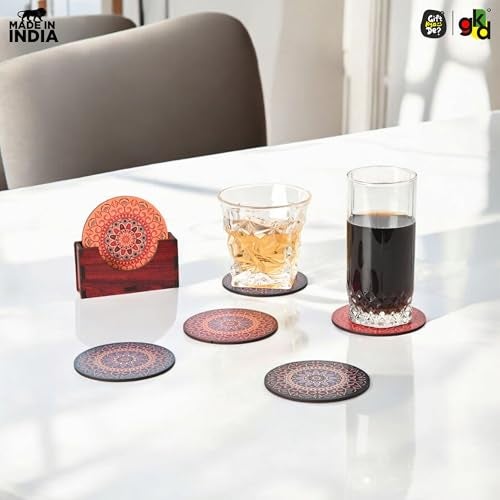 Gift Kya De GKD Coaster Set of 6 Beautiful Wooden Coasters with Proper Coaster Stand Designer Coaster Set fit for Tea Cups, Coffee Mugs and Glasses (6 pc Round 3.5 x 3.5 inch) Multi Color - Image 4