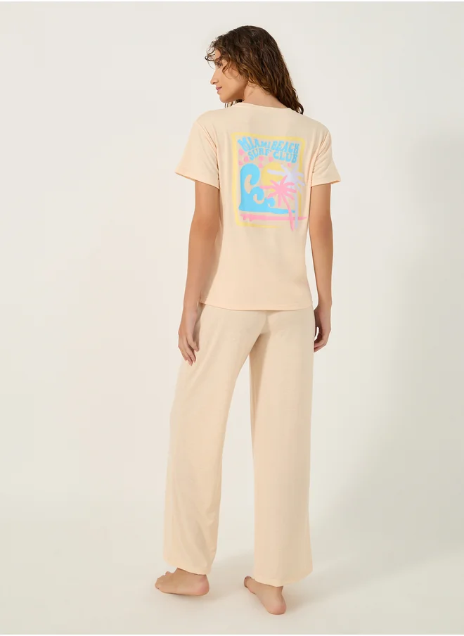 Styli Graphic Print Round Neck T-Shirt and Pyjama Set