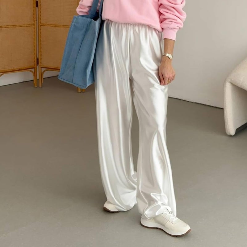 XIBAOBAO Women Satin Wide Leg Dress Pants - Casual Dressy Long Flowy Trousers with Elastic High Waist, White, Size S - Image 4
