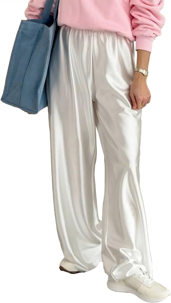 XIBAOBAO Women Satin Wide Leg Dress Pants - Casual Dressy Long Flowy Trousers with Elastic High Waist, White, Size S - Image 1