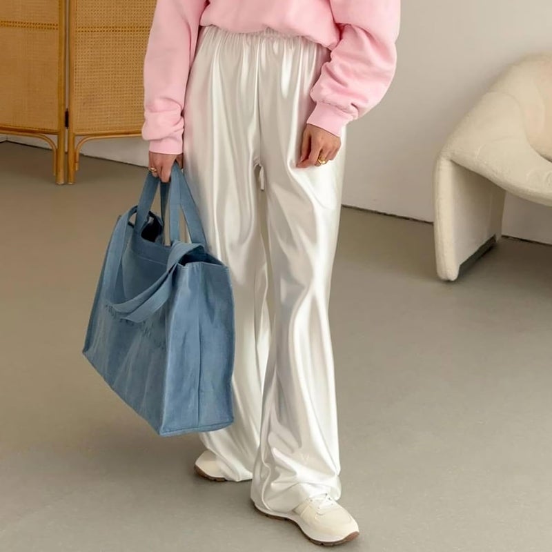 XIBAOBAO Women Satin Wide Leg Dress Pants - Casual Dressy Long Flowy Trousers with Elastic High Waist, White, Size S - Image 5