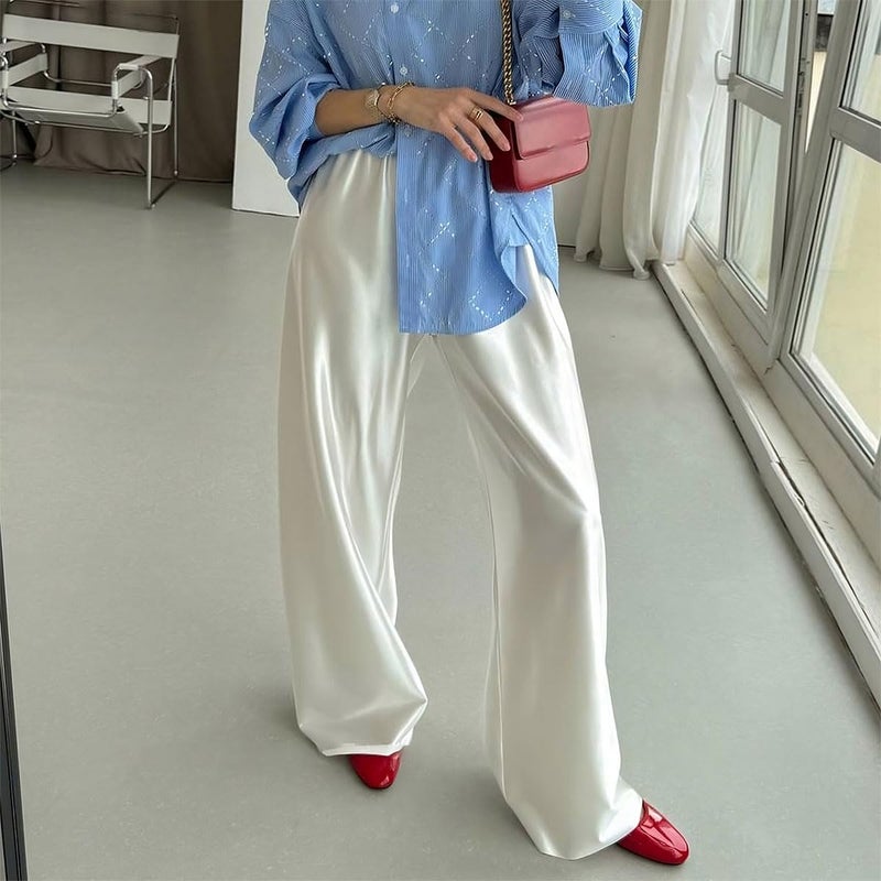 XIBAOBAO Women Satin Wide Leg Dress Pants - Casual Dressy Long Flowy Trousers with Elastic High Waist, White, Size S - Image 3