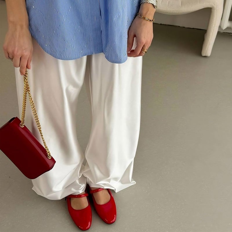 XIBAOBAO Women Satin Wide Leg Dress Pants - Casual Dressy Long Flowy Trousers with Elastic High Waist, White, Size S - Image 2