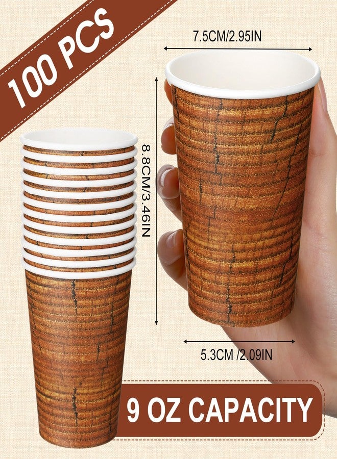 Maxcheck 100 Pcs 9 oz Wood Disposable Cups Brown Western Paper Coffee Cups Rustic Western Themed Party Supplies for Vintage Woodland Farmhouse Birthday Camping Baby Shower Party - Image 3