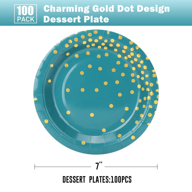 CENLBJ Blue Green Gold Paper Plates  100 Pack Gold Dots Party Plates  Disposable Party Supplies for Father's Day  Independence Day  Birthday  Picnics (7Inch) - Image 1
