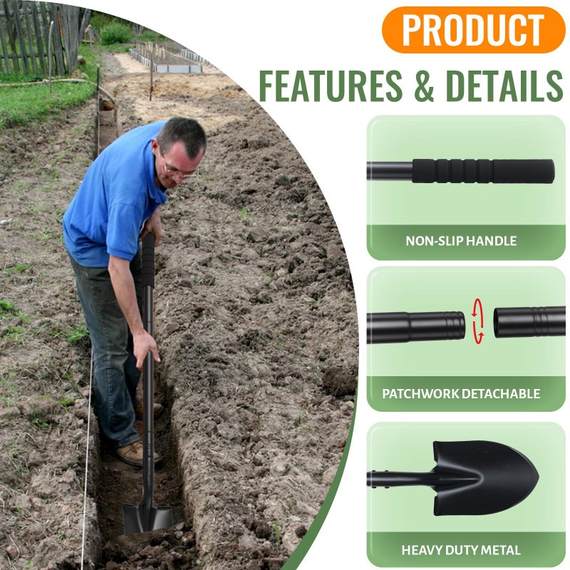 ABtool Small Shovels for Digging, Garden Spade Shovel Beach Shovels with 43.3in Handle,Heavy Duty Portable Metal Shovel for Gardening Camping Trenching Digging Landscaping,Off-Road Use, Black - Image 2