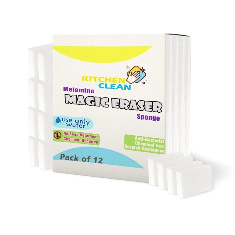 Kitchen Clean ™ Melamine Magic Eraser | Walls Scratch Marks Stain Remover | Car Seats Dash Board Stains Clean | Watch Belts Cleaner | Multipurpose Use Cleaning Sponge (Pack of 12 Pcs) - Image 1