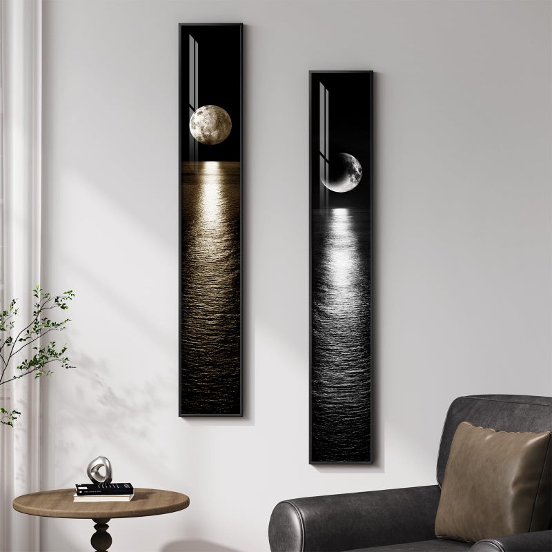 Cuspin Framed Long Narrow Vertical Moon Wall Art Set of 2, Modern Black White Gold Bright Art Prints Paintings, Night Sea Landscape Pictures for Living Room Entryway Hallway Dining Room Bedroom Wall Decor - Image 3