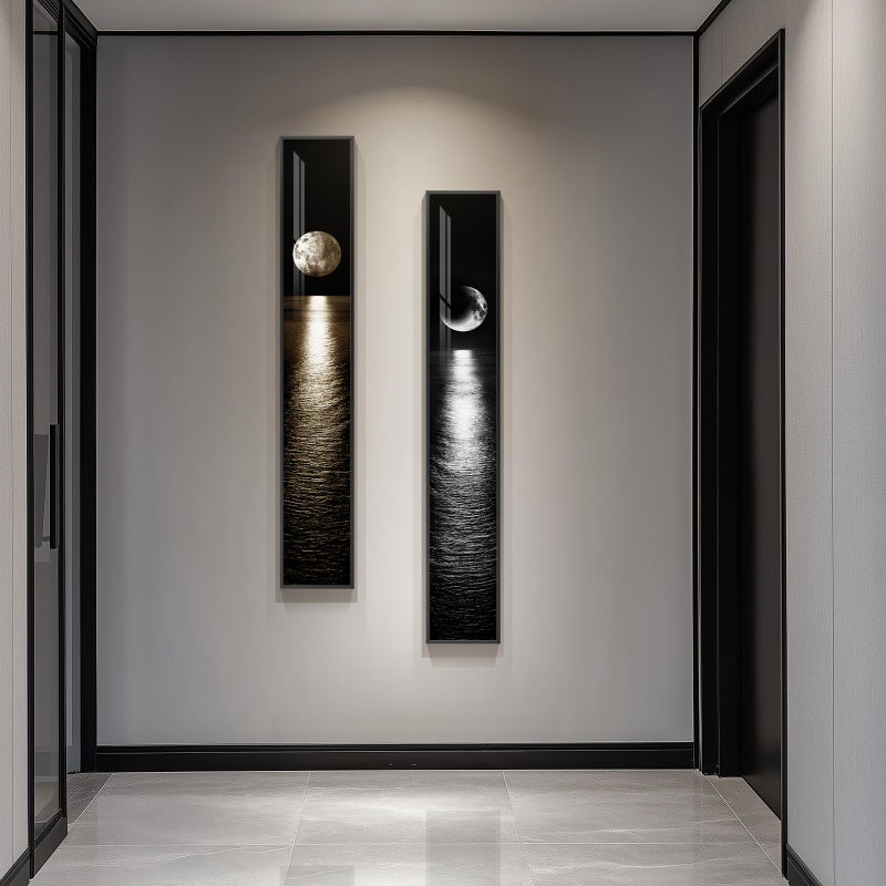 Cuspin Framed Long Narrow Vertical Moon Wall Art Set of 2, Modern Black White Gold Bright Art Prints Paintings, Night Sea Landscape Pictures for Living Room Entryway Hallway Dining Room Bedroom Wall Decor - Image 1